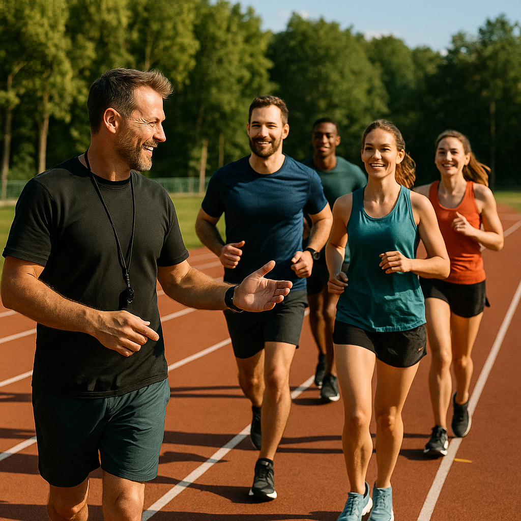Coureurs sur une piste avec un coach pendant un entraînement running